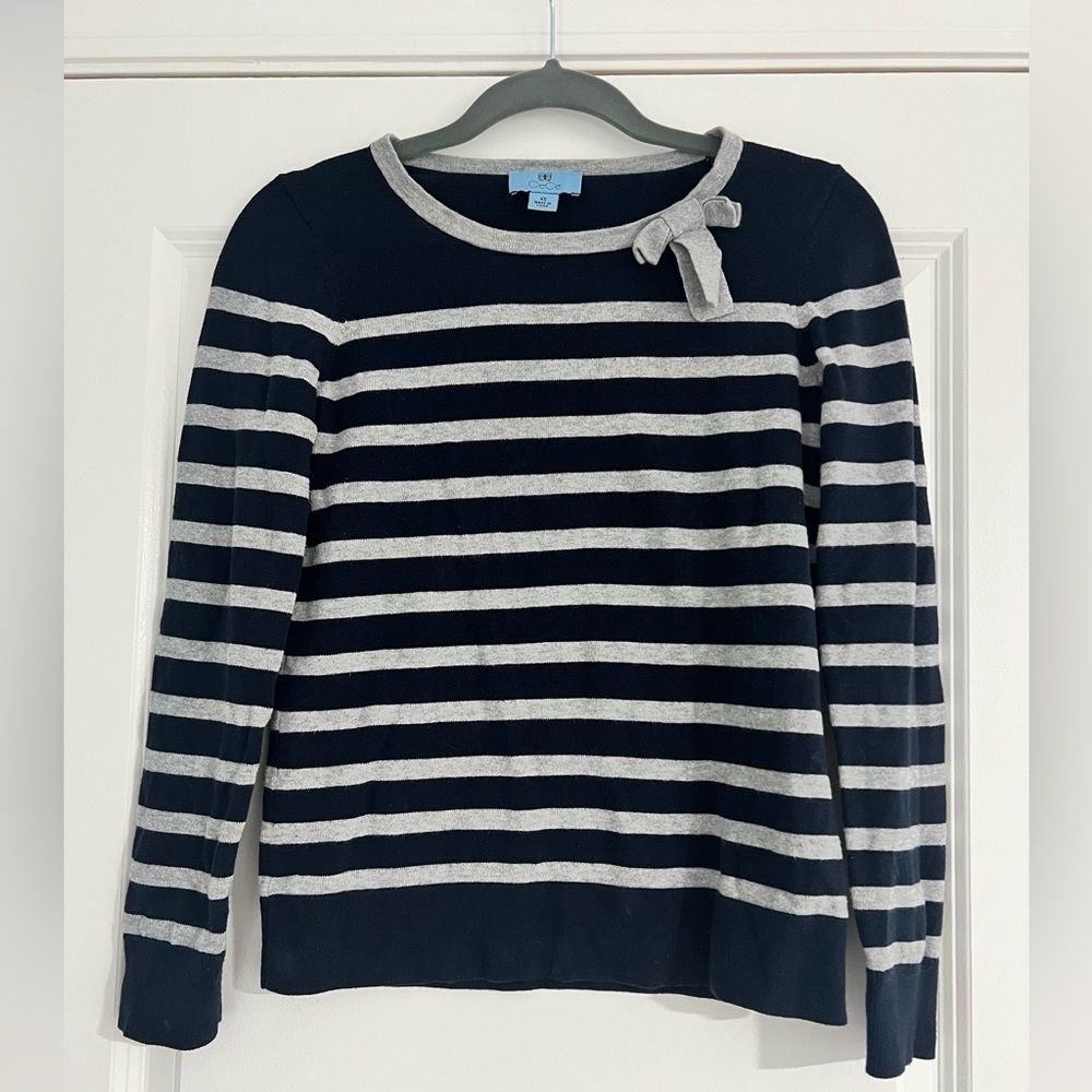 CeCe navy and gray stripes sweater. 100% cotton. XS.